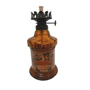Oil Kerosene Lamp 8" Amber Glass Map Motif 8" Hong Kong Emergency Prepare New